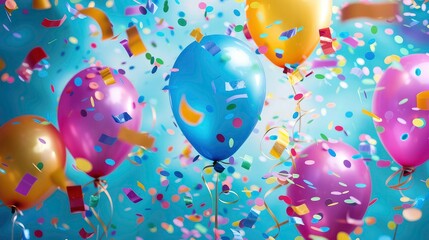 Wall Mural - A mix of blue, pink, and yellow balloons are floating in the air, surrounded by colorful confetti. The background is a soft blue color.