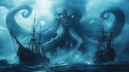 kraken in the depths blue sea under giant ship