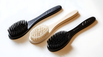 Three oval brushes with wooden handles. One is black, one is brown, and one is white.

