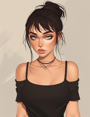 Poster - A stunning digital painting of a girl in a tshirt, showcasing vibrant hues of light maroon and black.