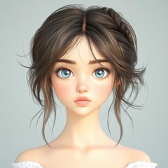 Poster - A stunning 3D character of a young girl with fair skin, dark hair, and blue eyes, captured in ultrarealistic detail.