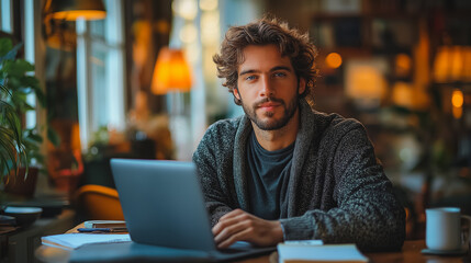 Wall Mural - Young man in casual clothes using laptop and writing notes at desk, home office, freelance work