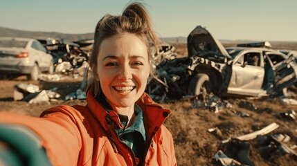 A girl taking a selfie while car is crashing