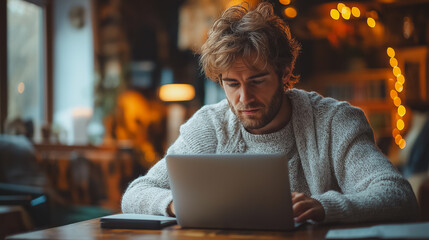 Wall Mural - Casual young business man working on laptop, writing at desk, home office, remote work