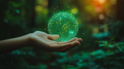 Wall Mural - a person holding a glowing green sphere in a forest.