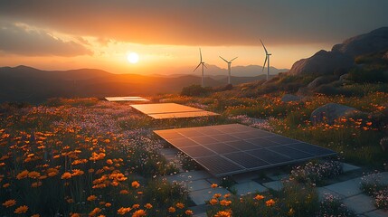  modern battery energy storage system with wind turbines and solar panel power plants in the background at sunset design 