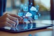 © Sherley - Hand Interacting with Cloud Computing Interface on Tablet - Digital Data Management Concept