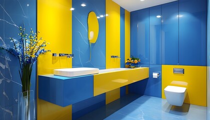 Modern-style bathroom, combining blue and yellow, and smooth sanitary ware and decorations add vitality