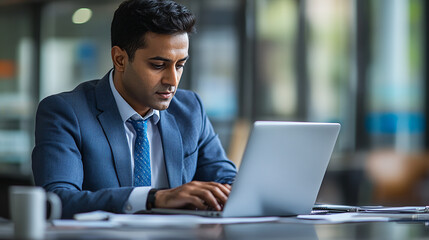 Wall Mural - A focused Indian man, sitting at a desk in a contemporary workspace, carefully reading through a contract on his laptop, with data charts and documents around him.