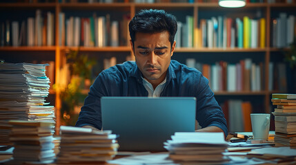 Wall Mural - A focused Indian man, sitting at a desk in a contemporary workspace, carefully reading through a contract on his laptop, with data charts and documents around him.