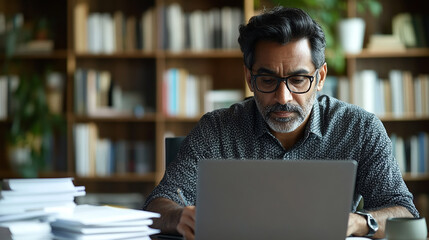 Wall Mural - A focused Indian man, sitting at a desk in a contemporary workspace, carefully reading through a contract on his laptop, with data charts and documents around him.