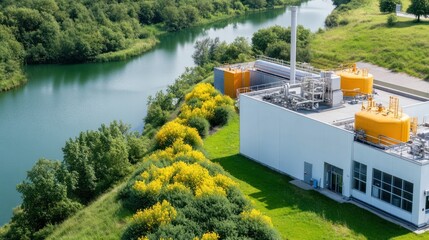 Wall Mural - An industrial wastewater treatment facility showcasing multiple anaerobic digesters processing organic waste for biogas production