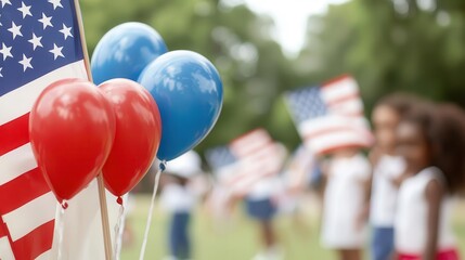 Festive American pride parade with people waving flags and cheering, vibrant red, white, and blue colors, copy space for text.