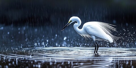 Canvas Print - A pristine white egret is captured landing gracefully on the water surface, amidst the rain, with droplets creating ripples