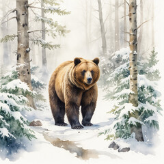 a serene scene of a brown bear walking through a snowy forest on a winter day. the bear’s thick, sha