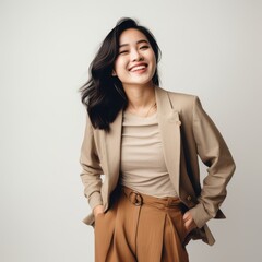 happy asian female 27 years old, earth tone color outfit,happy pose, standing