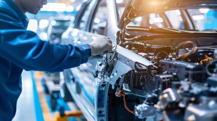 Wall Mural - Automotive Engineer Assembling Electrical Wiring on a Modern Car Assembly Line in High-Tech Factory