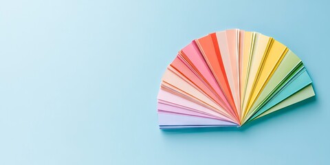 paper color swatches arranged in fan shape on light blue background