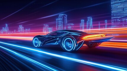 Futuristic car driving on the highway, with neon lights and city skyline in background