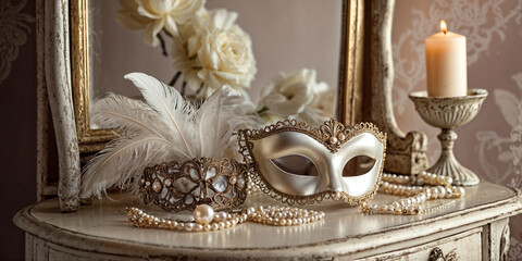 Wall Mural - Image of delicate white elegant venetian mask next to pearls over dressing table