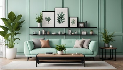 A modern living room with a mint green sofa, black shelves displaying artwork and plants, and a wooden coffee table.