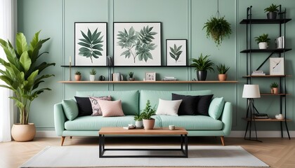 A modern living room with a mint green sofa, black shelves displaying artwork and plants, and a wooden coffee table.