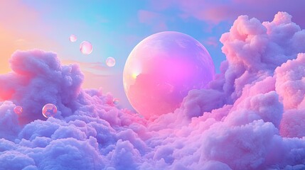 Sticker - A surreal, dreamy scene with a vibrant pink and blue pastel sphere floating amidst soft, glowing foam bubbles, creating an ethereal atmosphere.