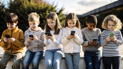 Poster - cute little pupils with mobile phone outdoors.