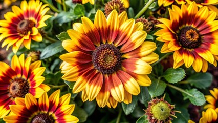 A close-up view of a cluster of red and yellow sunflowers in bloom. Their petals are bright and cheerful, symbolizing joy, happiness, warmth, and the beauty of nature. The flowers are set against a ba