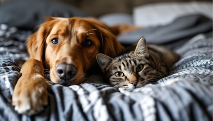 Wall Mural - Adorable dog and cat snuggling together in a cozy blanket, showcasing the beautiful friendship between different species