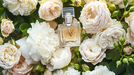 Wall Mural - Perfume bottle in flowers, fragrance on blooming background, floral scent and cosmetic product idea