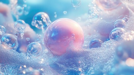 Sticker - A vibrant surreal scene with an abstract pastel sphere in pink and blue, floating amidst a cascade of foam bubbles, creating a whimsical and magical environment.