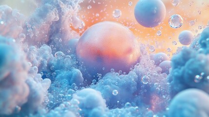 Sticker - A vibrant surreal scene with an abstract pastel sphere in pink and blue, floating amidst a cascade of foam bubbles, creating a whimsical and magical environment.