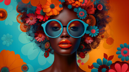 Wall Mural - modern pop art portrait of pretty woman in light blue sunglasses on colorful background. contemporar