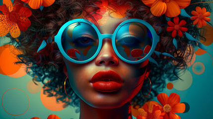 modern pop art portrait of pretty woman in light blue sunglasses on colorful background. contemporar