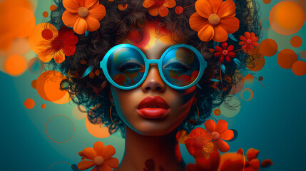 Wall Mural - modern pop art portrait of pretty woman in light blue sunglasses on colorful background. contemporar