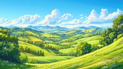 Wall Mural - Lush landscape with a bright, clear sky, rolling hills, and abundant greenery, ideal for bringing the beauty of nature into any project.