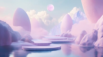 Wall Mural - Minimalistic, surreal landscape with hyperdimensional aspects, showcasing floating platforms and ethereal shapes in a clean, clear setting.