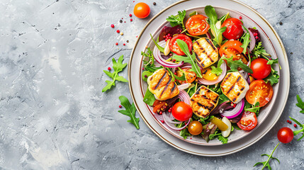 salad with grilled cheese, tomatoes, onions, and greens