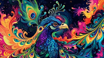 modern oil painting of beautiful multicolored peacock art, abstract peacock art collection of peacock painting for decoration and interior, canvas art, abstract