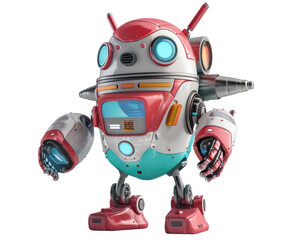 Poster - A friendly robot with red and white coloring, blue eyes, and a turquoise belly. It is standing on a white background.