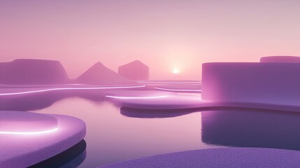 Wall Mural - Surreal, hyperdimensional landscape with minimalist design, featuring glowing pathways and floating islands in a clean, serene environment.