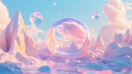 Canvas Print - Surreal landscape featuring a vibrant pastel sphere in pink and blue, surrounded by floating foam bubbles that add a whimsical touch.