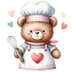 watercolor illustration of a cute bear wearing a chef uniform