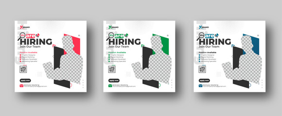 Wall Mural - we are hiring job vacancy social media post or square web banner template design with three color va