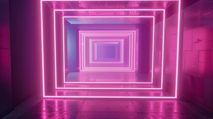 Aufkleber - Vibrant 3D animation of a neon tunnel with rotating square frames, abstract background