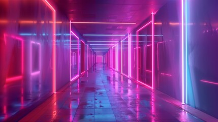 Aufkleber - Vibrant 3D animation of a neon tunnel with rotating square frames, abstract background