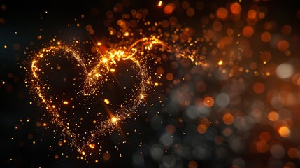 Poster - Sparkling particle heart glowing on a dark background, copy space