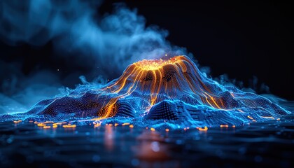 Poster - Abstract digital volcano with smoke and lava. Volcanic eruption on technology blue backgrou