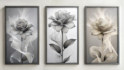 Wall Mural - set of three vertical poster , minimalist  floral smoky art